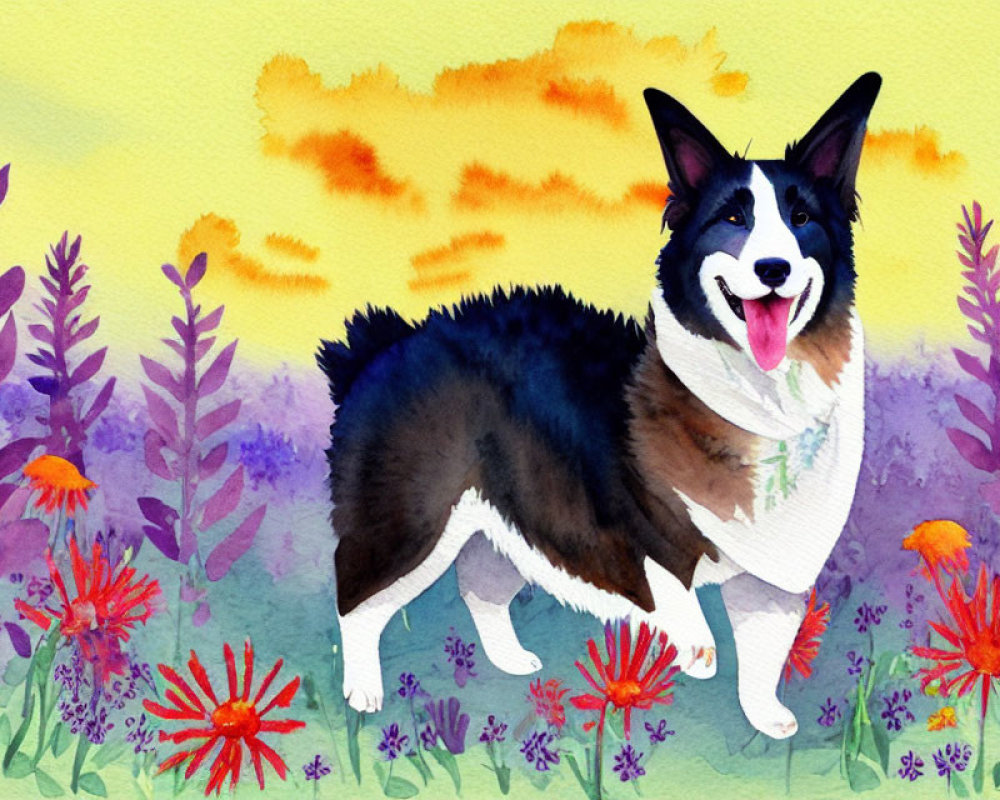 Smiling black and white dog in colorful flower garden at sunset