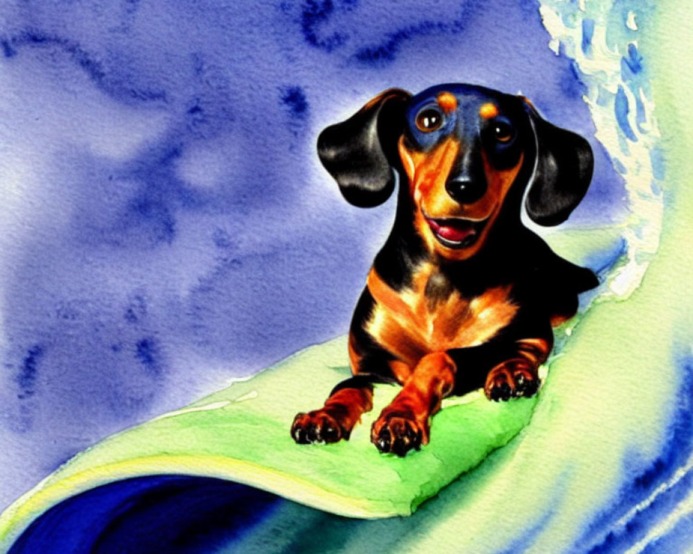 Adorable dachshund surfing on vibrant watercolor wave