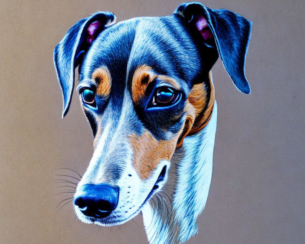 Realistic colored pencil drawing of a dog with black and white coat, brown eyes, and folded ears