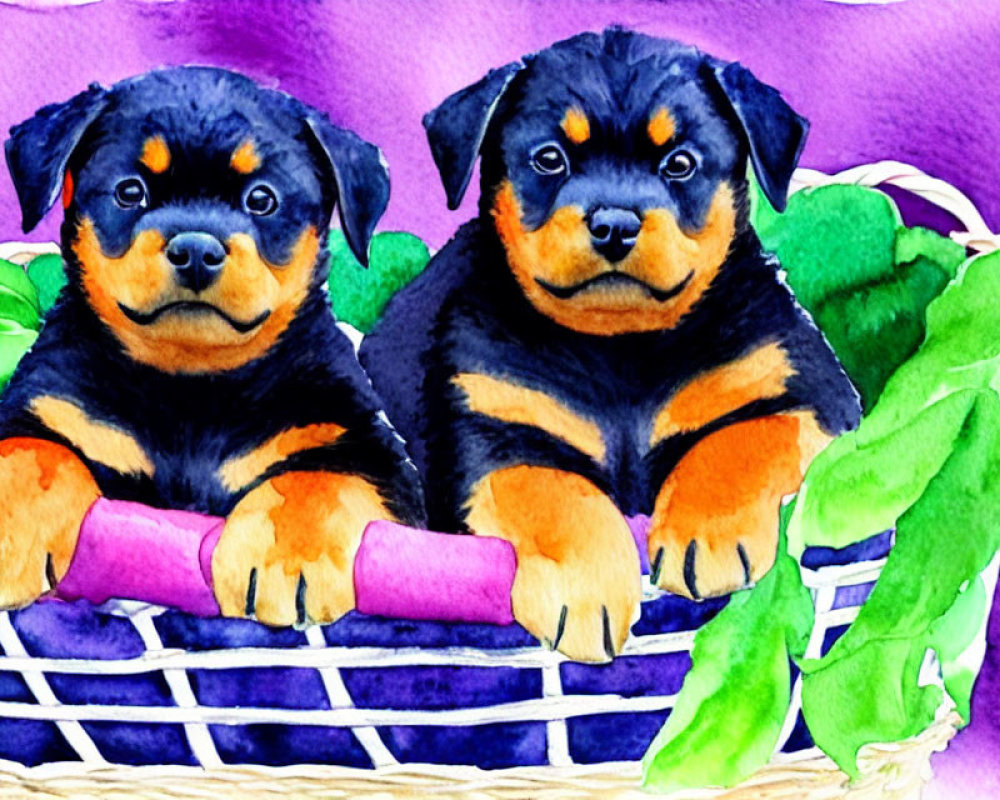 Adorable Rottweiler Puppies in Basket with Green Leaves