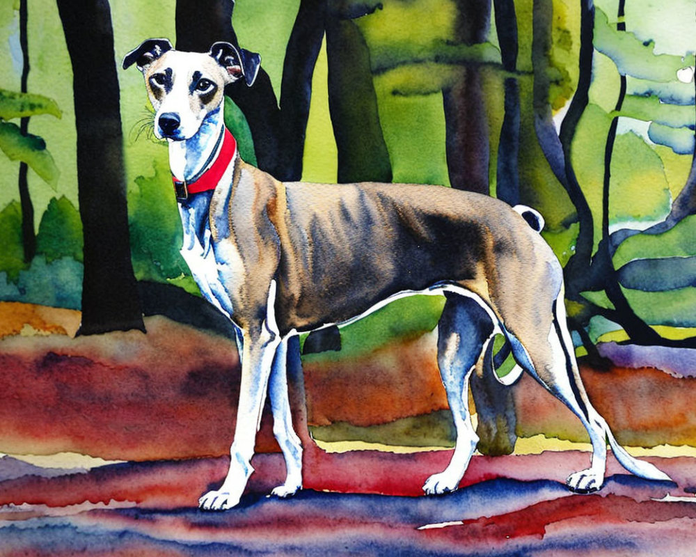 Vibrant watercolor painting: Slender dog in red collar, forest scene