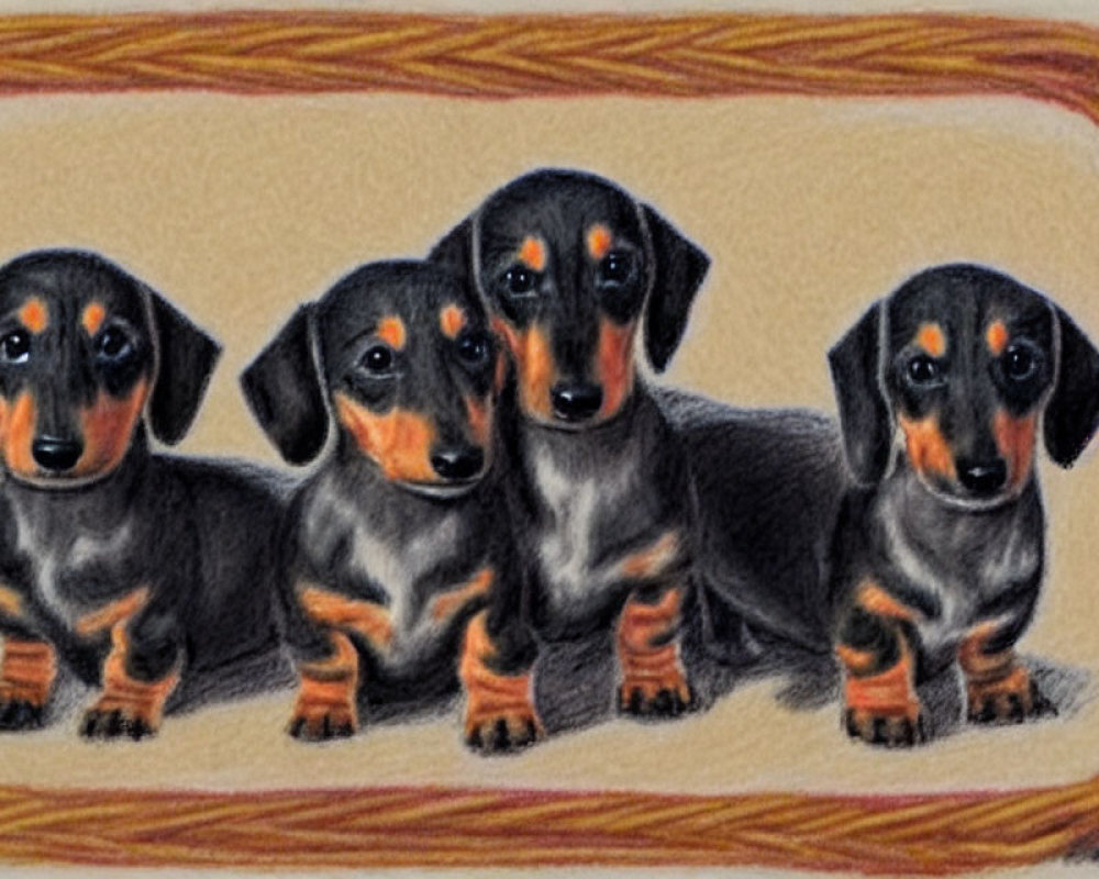 Three dachshund puppies in colored pencil showcase shiny coats and expressive eyes