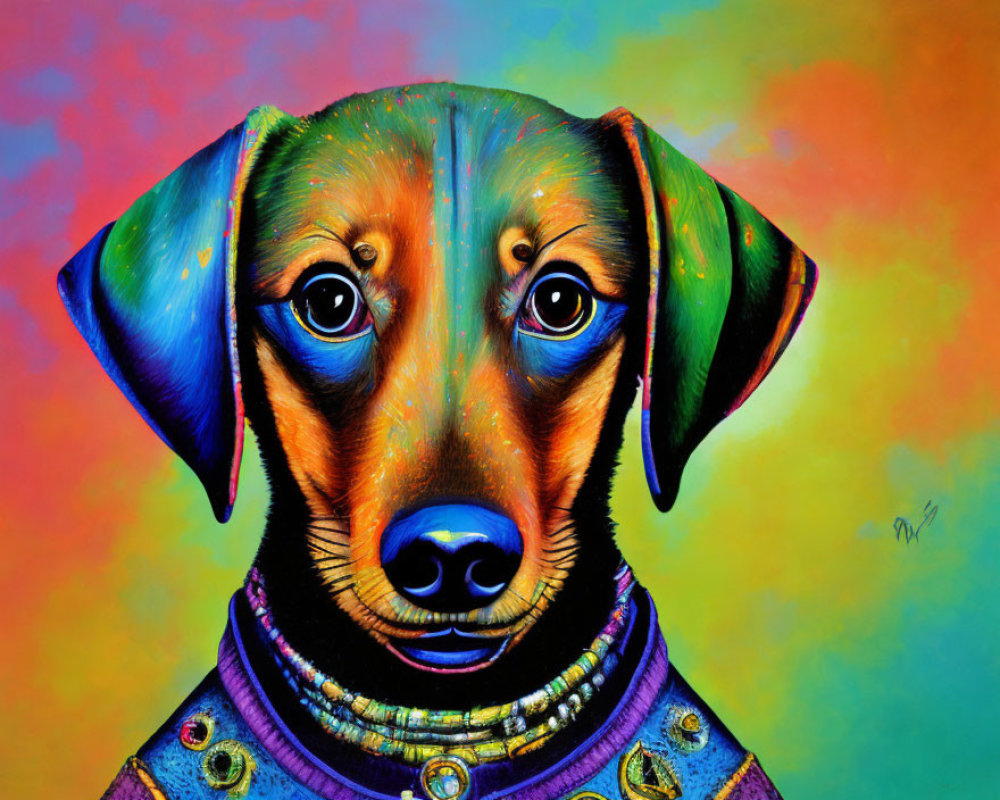 Colorful Dog Portrait with Expressive Eyes and Rainbow Background