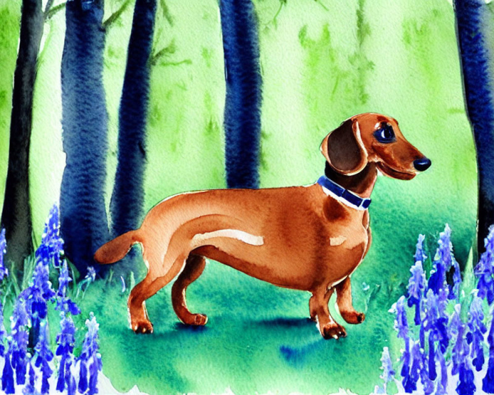 Brown Dachshund in Bluebell Forest Watercolor Painting