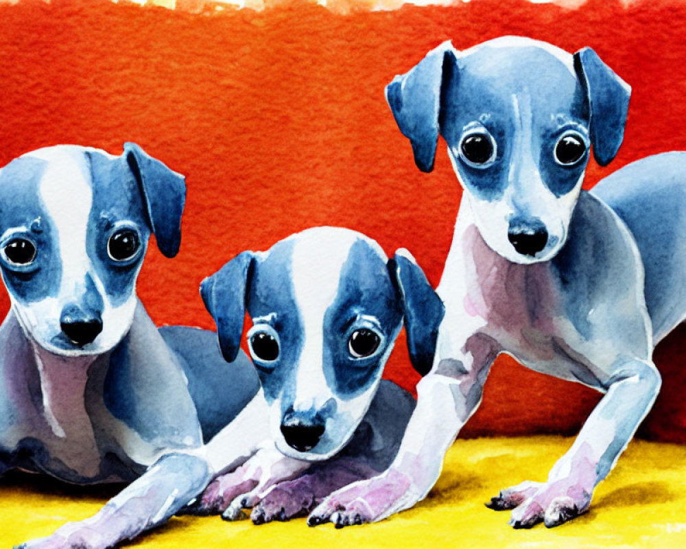 Three Italian Greyhound Puppies in Vibrant Watercolor Painting