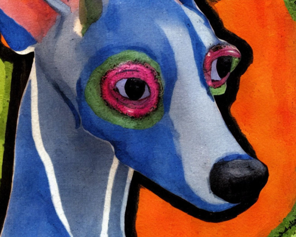 Vibrant painted portrait of stylized blue dog with pink eyes and abstract background