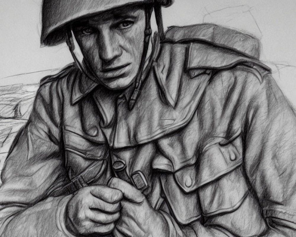 Detailed pencil sketch of soldier in uniform with helmet, gripping rifle, intense expression