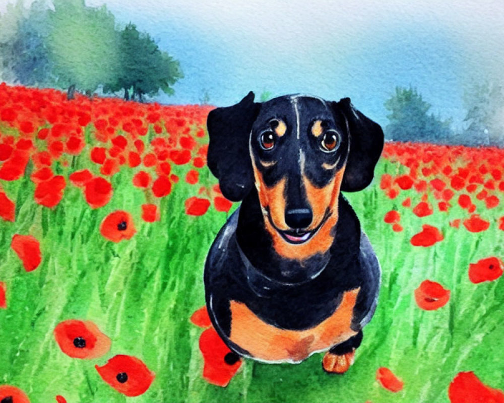 Watercolor painting of dachshund in red poppy field with greenery background