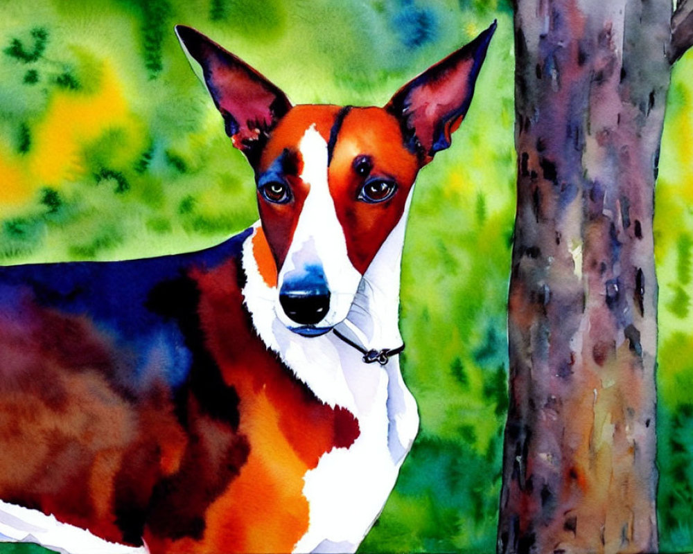 Tricolor Dog Watercolor Painting with Collar on Green Background