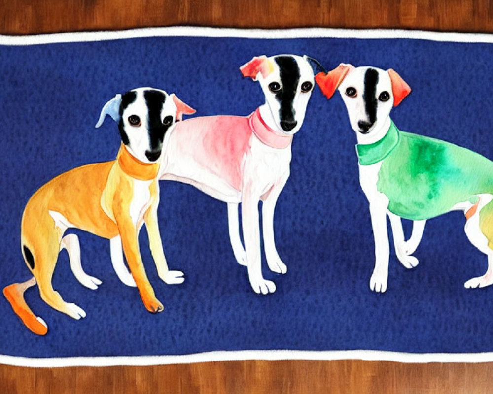 Colorful painted dogs with scarves on blue mat with brown border