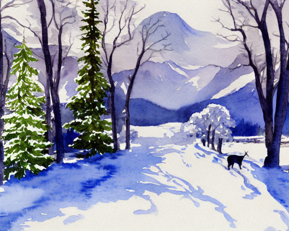 Winter Scene Watercolor Painting with Snow, Path, Mountains, Trees, and Dog