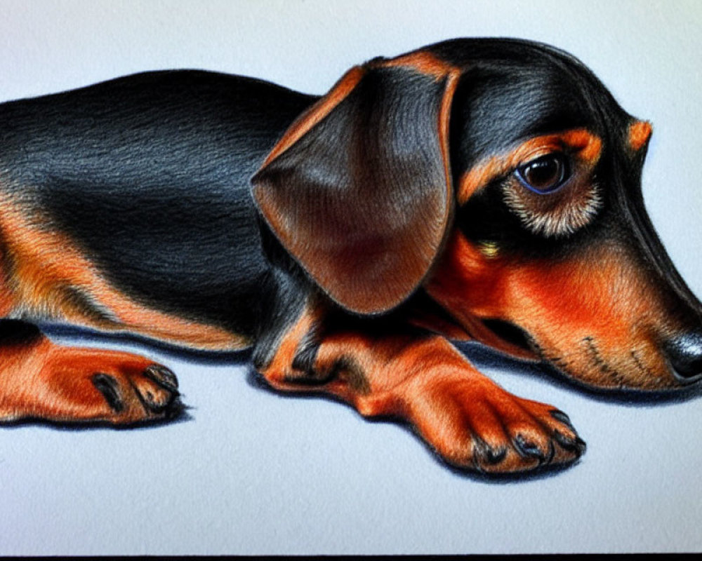 Realistic Colored Pencil Drawing of a Lying Dachshund with Detailed Fur Texture