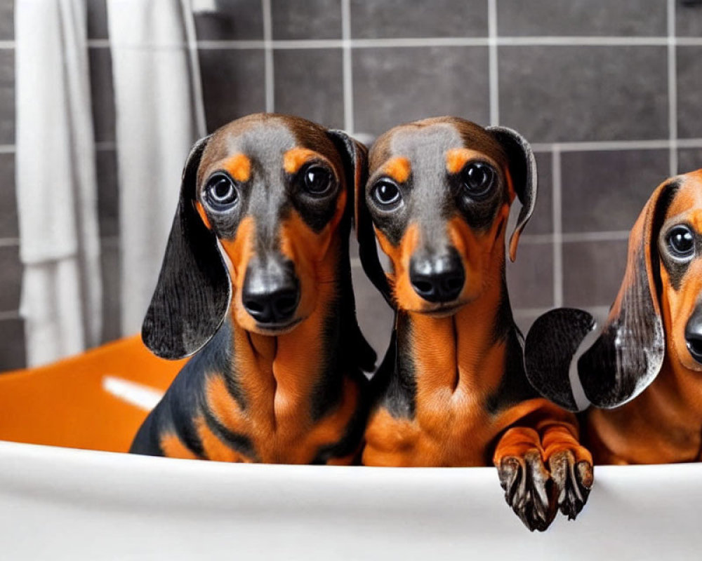 Three dachshunds in bathtub, two looking at camera with perked ears.