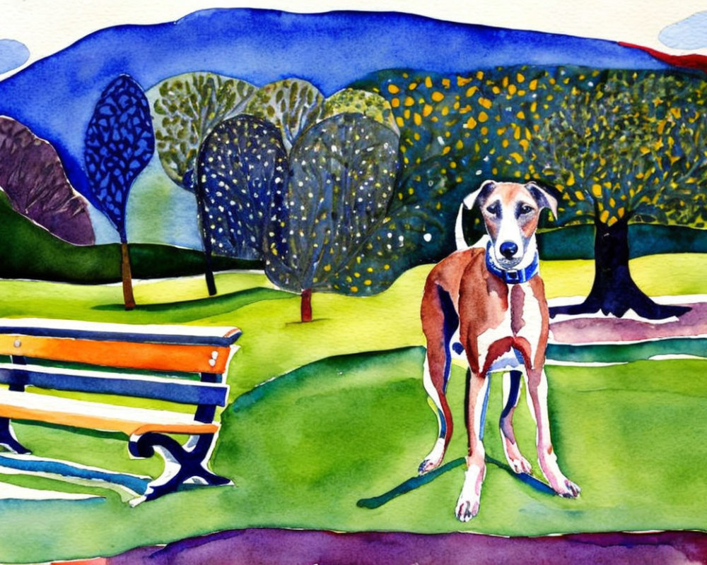 Brown and White Dog in Vibrant Park Setting with Benches and Colorful Trees