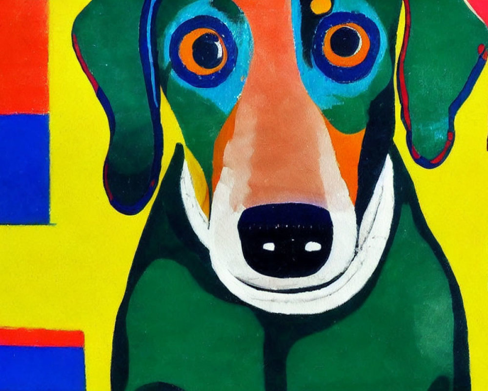 Vibrant abstract painting of a dog on multicolored background