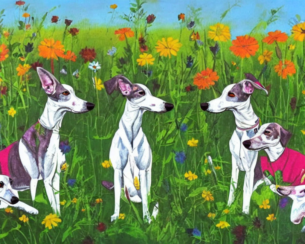 Colorful Painting: Six Greyhounds Among Wildflowers