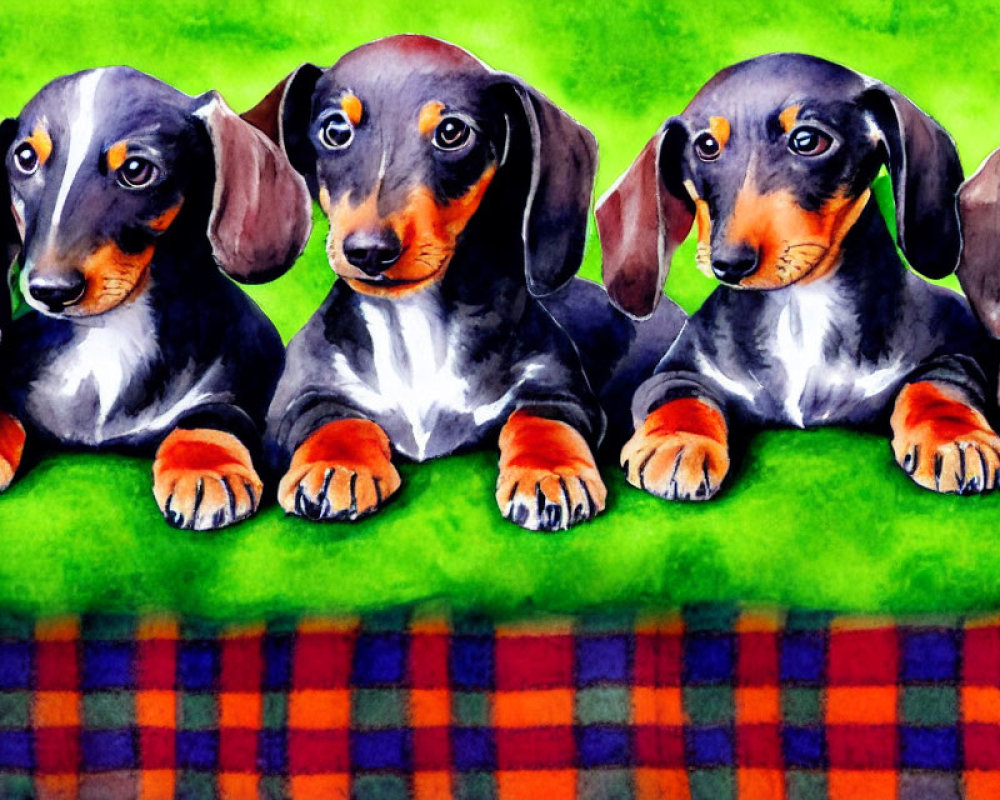 Four Shiny-Coated Dachshund Puppies on Plaid Blanket