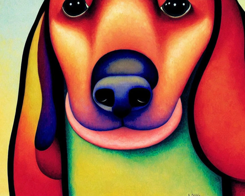 Vibrant painting of a stylized dog in red, yellow, and green