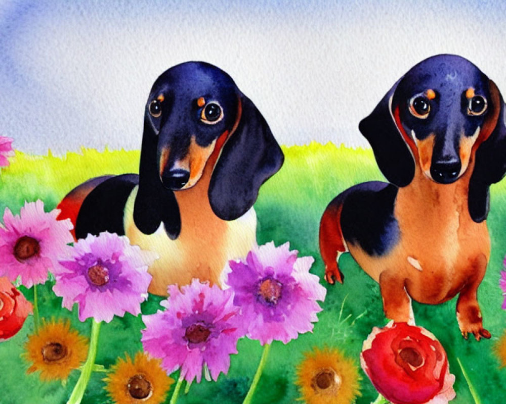 Colorful watercolor cartoon dachshunds with flowers