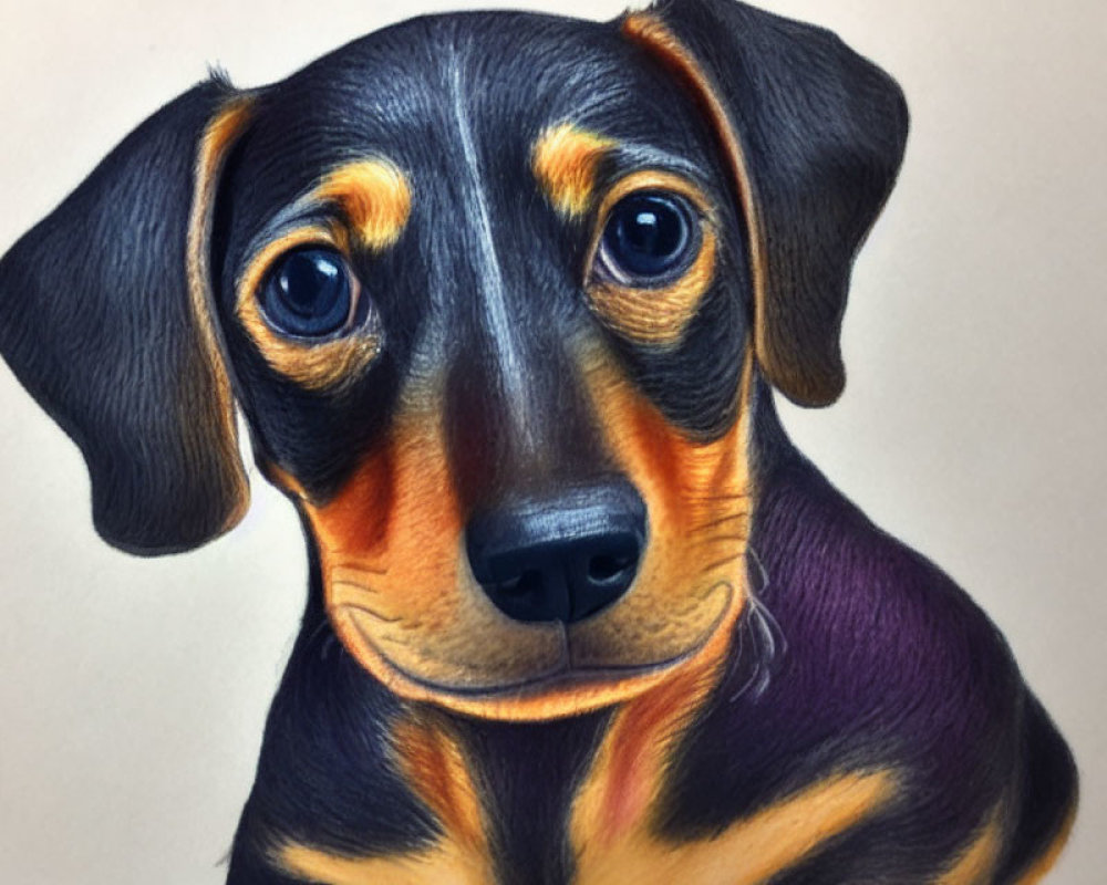 Detailed colored pencil drawing of a cute dachshund puppy with soulful eyes.