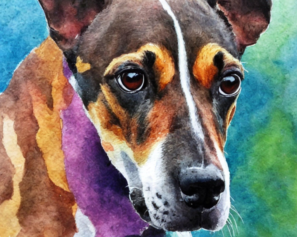 Colorful Watercolor Portrait of Dog with Intense Gaze