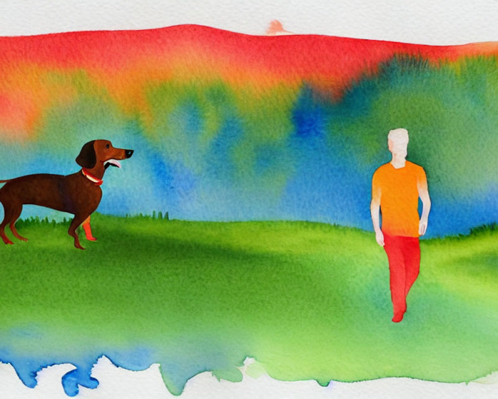 Colorful Watercolor Painting of Dog on Green Field