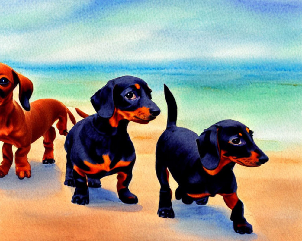 Vibrant painted dachshunds on sandy beach with blue sky