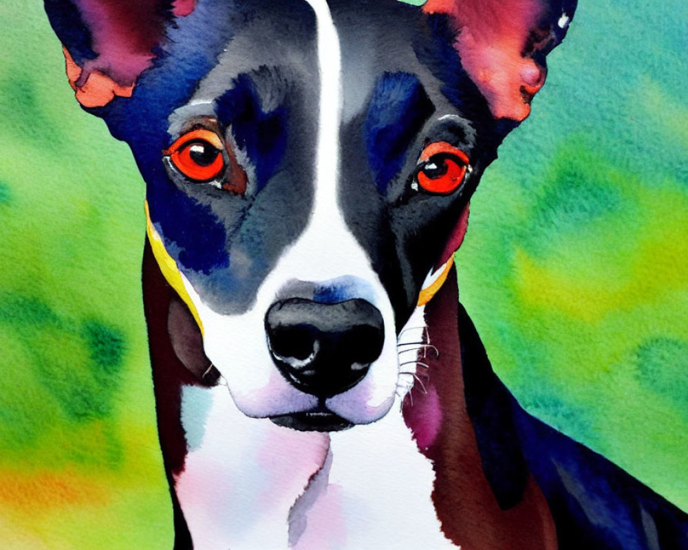 Colorful Watercolor Painting: Dog with Red Eyes and Multicolored Coat