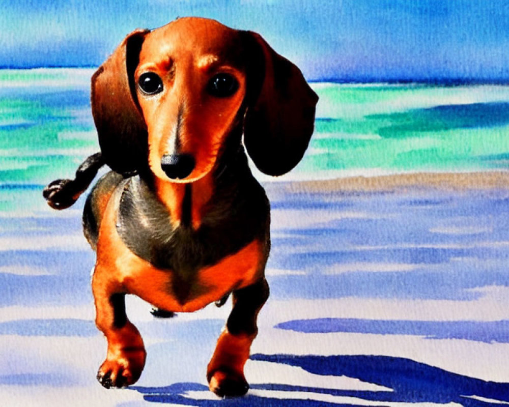 Brown Dachshund on Sandy Beach with Turquoise Sea