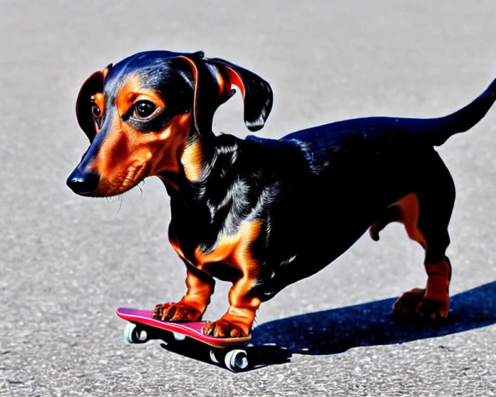 Dachshund on Pink Skateboard in Bright Sunlight