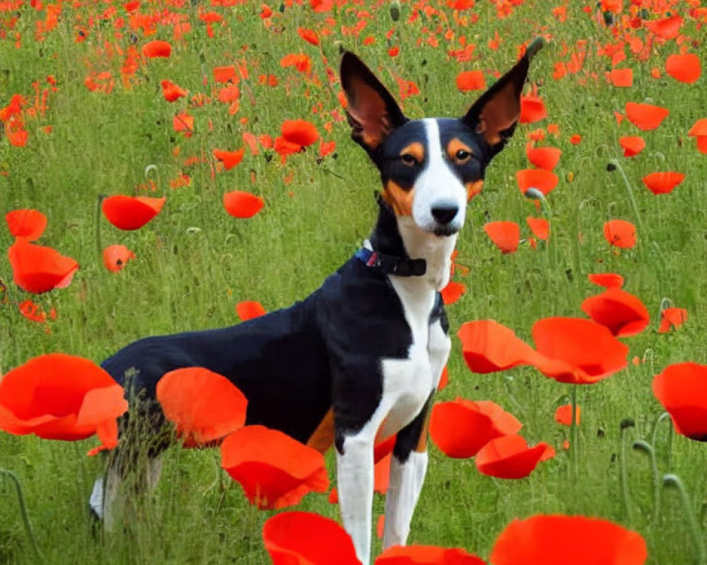 Black and White Dog in Vibrant Red Poppy Field