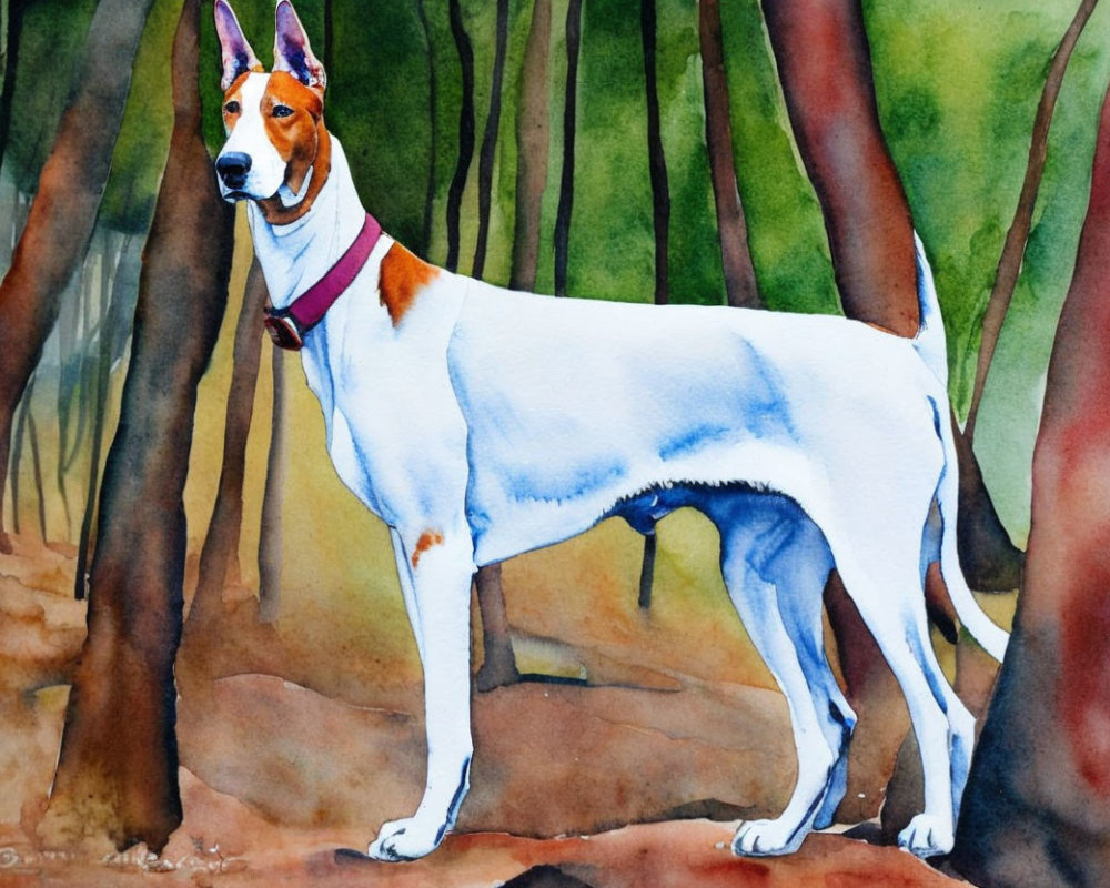 White and Tan Dog Watercolor Painting Among Brown Tree Trunks