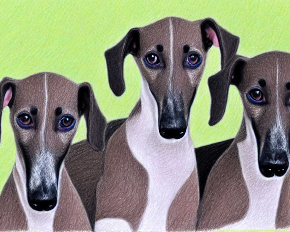 Three Italian Greyhounds with expressive eyes on green background in colorful sketch-like style