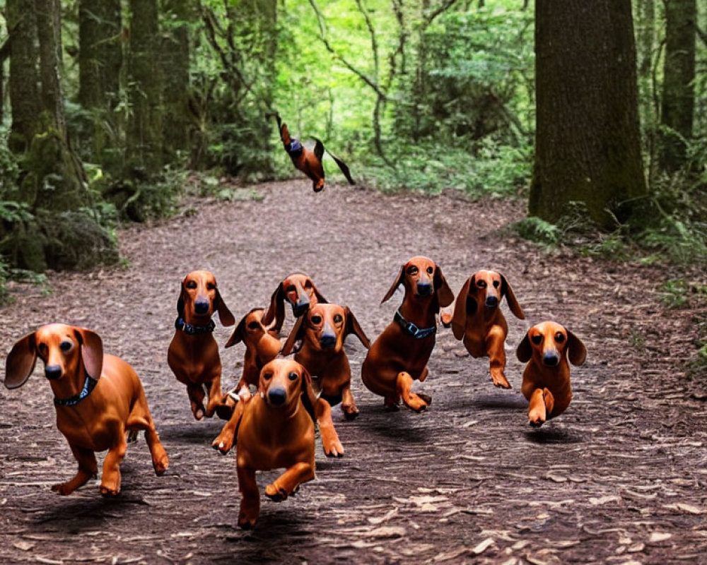 Group of Dachshunds Running in Forest Trail with Tall Trees and Bird