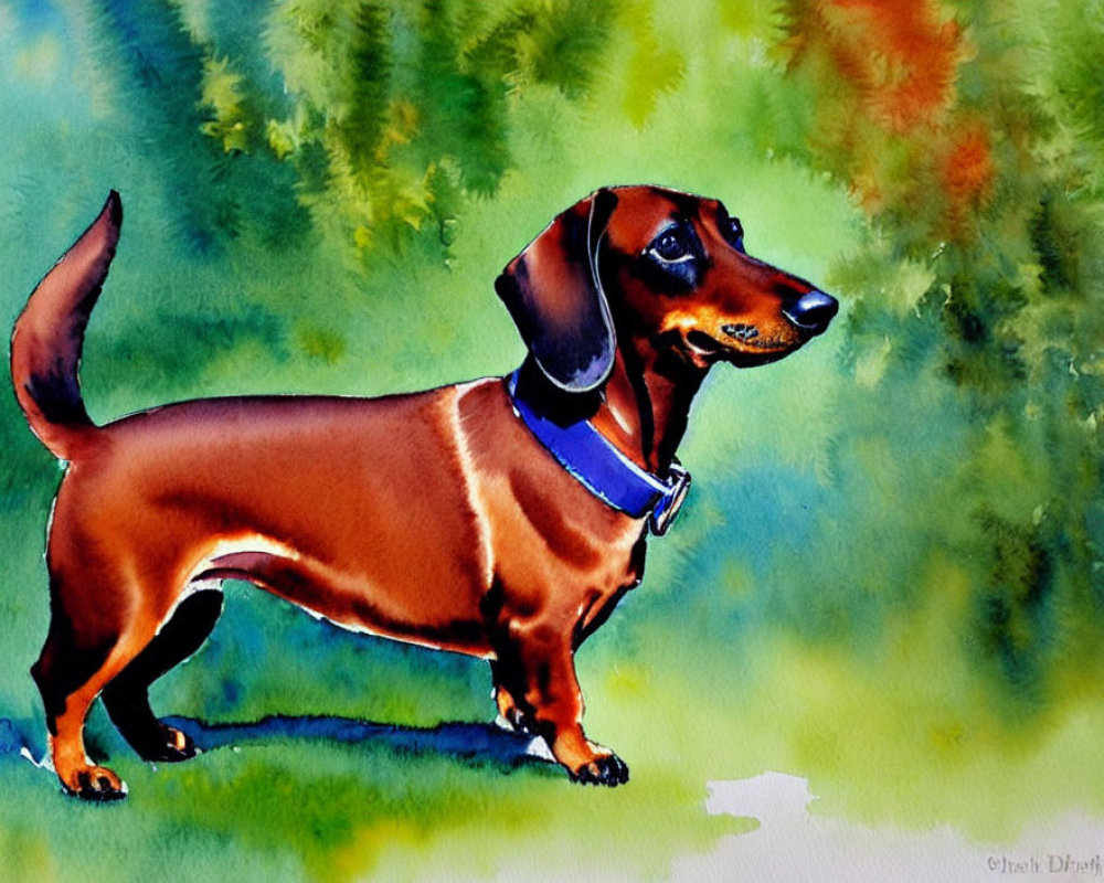 Brown Dachshund Watercolor Painting on Abstract Green and Yellow Background