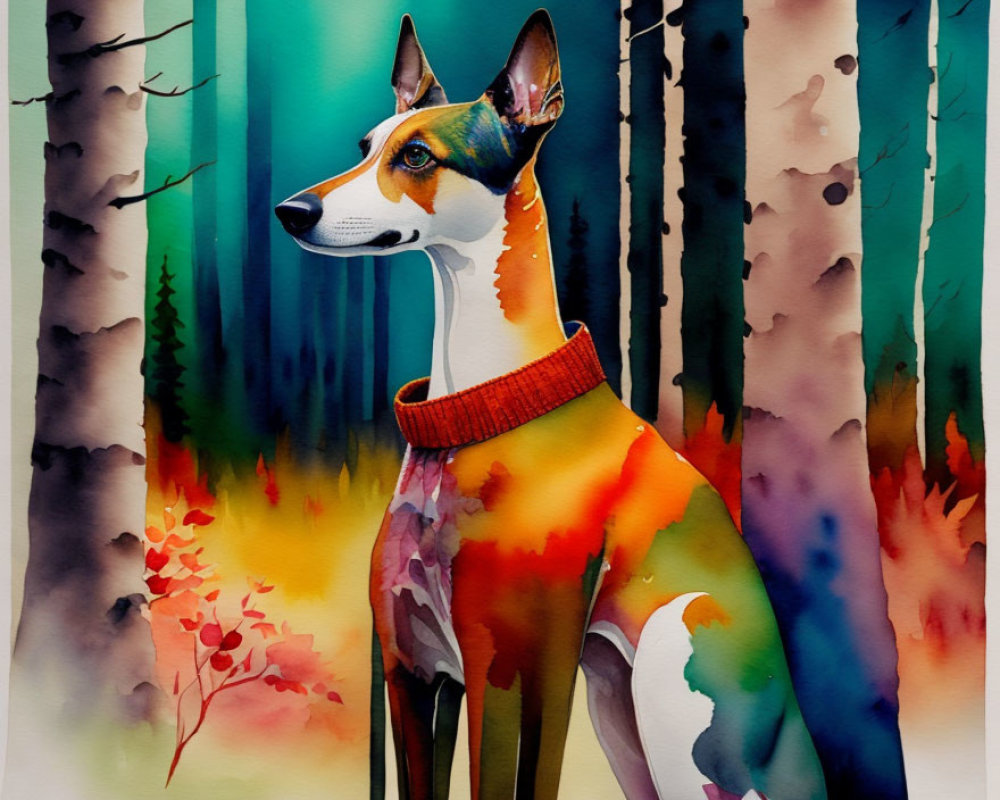 Colorful Watercolor Painting of Dog in Vibrant Forest Scene