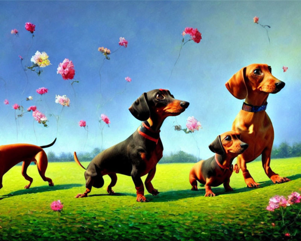 Four Dachshunds in Vibrant Field with Colorful Flowers and Blue Sky