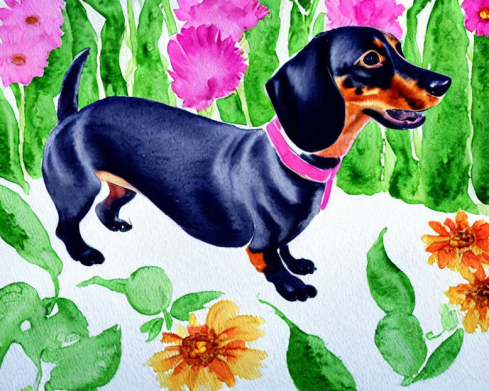 Watercolor painting of black and tan dachshund in floral setting