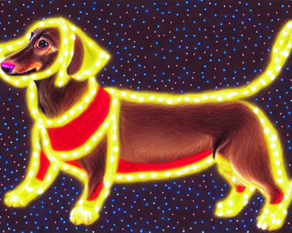 Brown Dachshund Illustration with Glowing Outlines on Dark Background