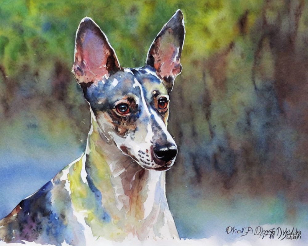 Speckled coat dog in watercolor against green and blue backdrop