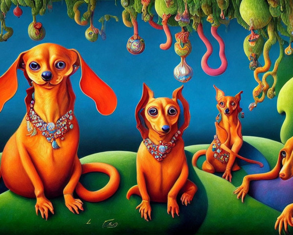 Colorful painting of stylized orange dogs with elongated bodies and large eyes, wearing necklaces,