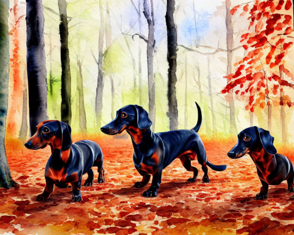 Three Dachshunds in Vibrant Autumn Forest with Red and Orange Leaves