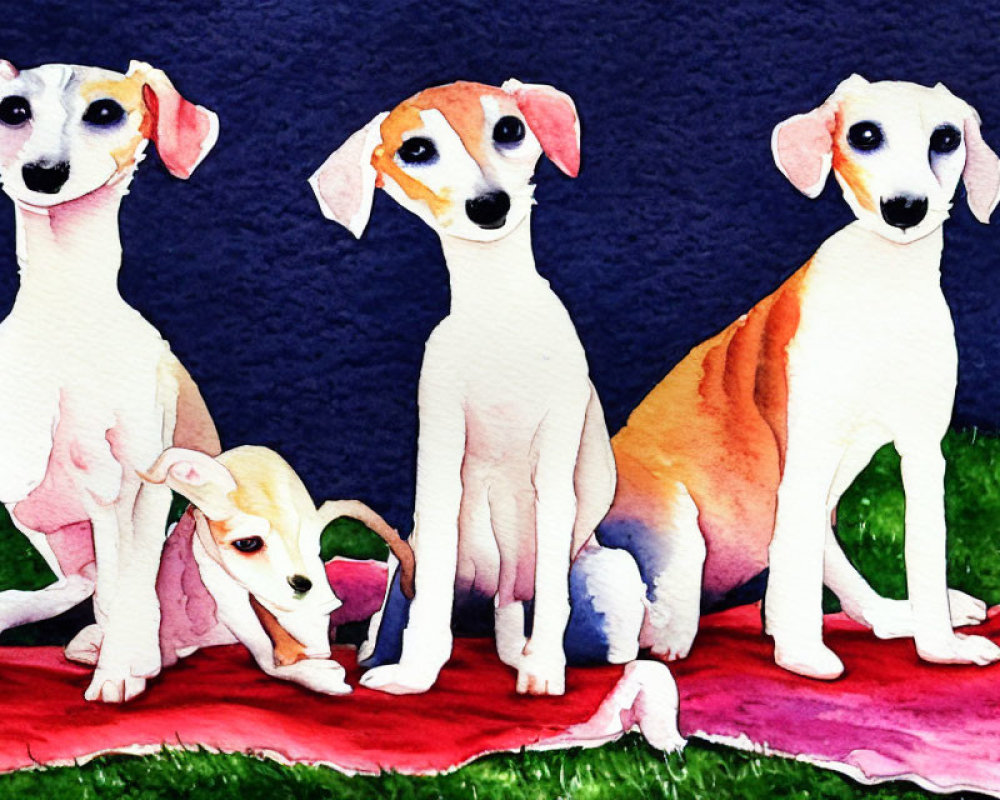 Four Italian Greyhound Dogs Painted on Red Cloth Against Blue Backdrop
