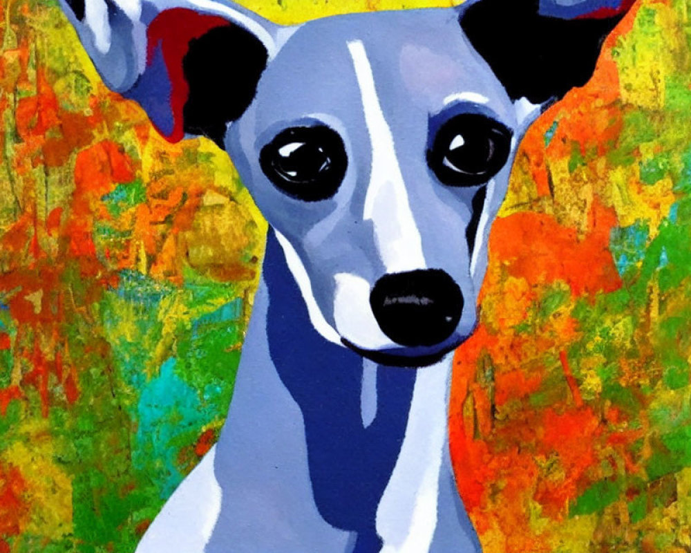Colorful Dog Painting with Prominent Ears on Vibrant Abstract Background