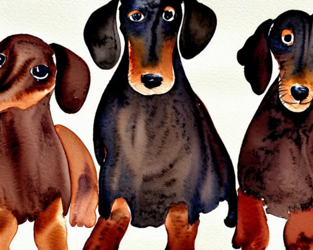 Three Watercolor Dachshunds in Brown and Black Sitting Together