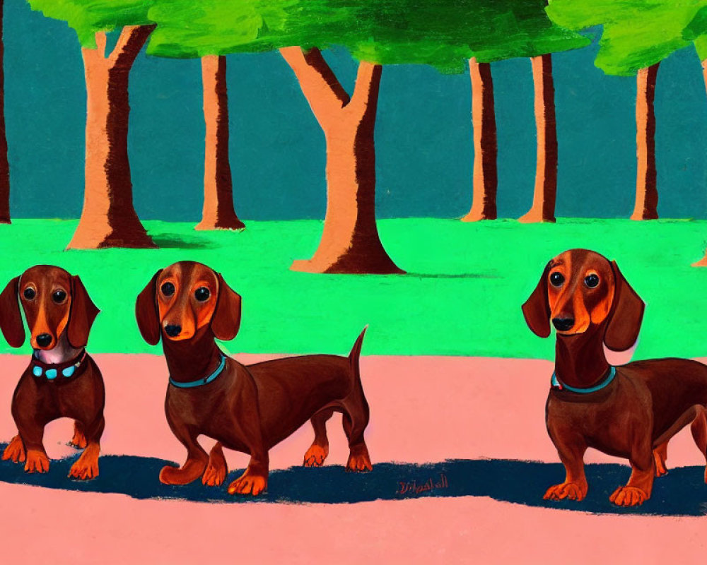 Two Dachshunds in Park with Green Grass and Teal Trees, One Wearing Blue Coll
