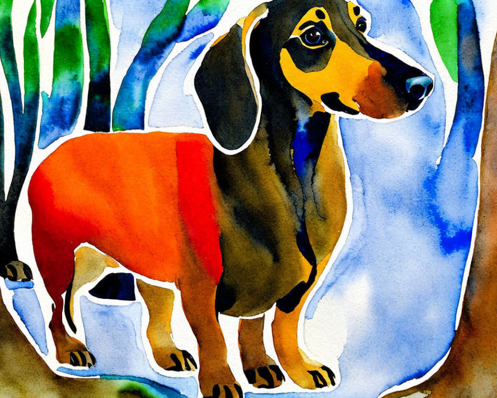 Colorful Watercolor Painting of Dachshund on Abstract Background