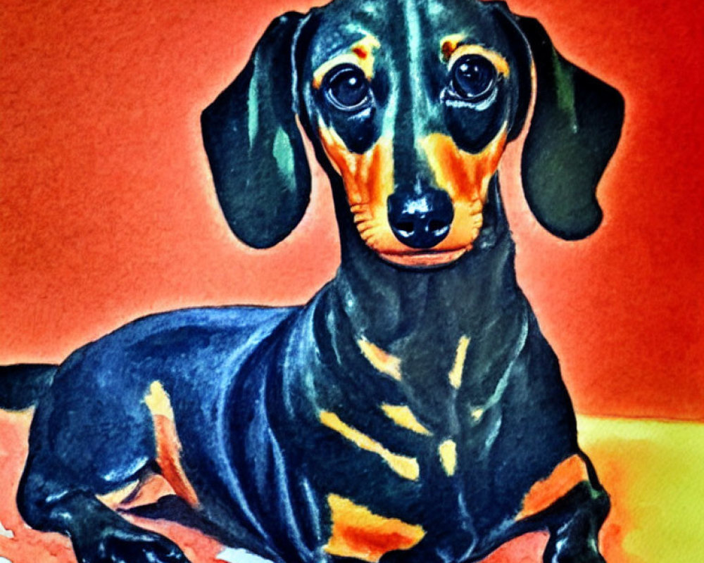 Colorful Watercolor Painting of Black and Tan Dachshund on Orange Background
