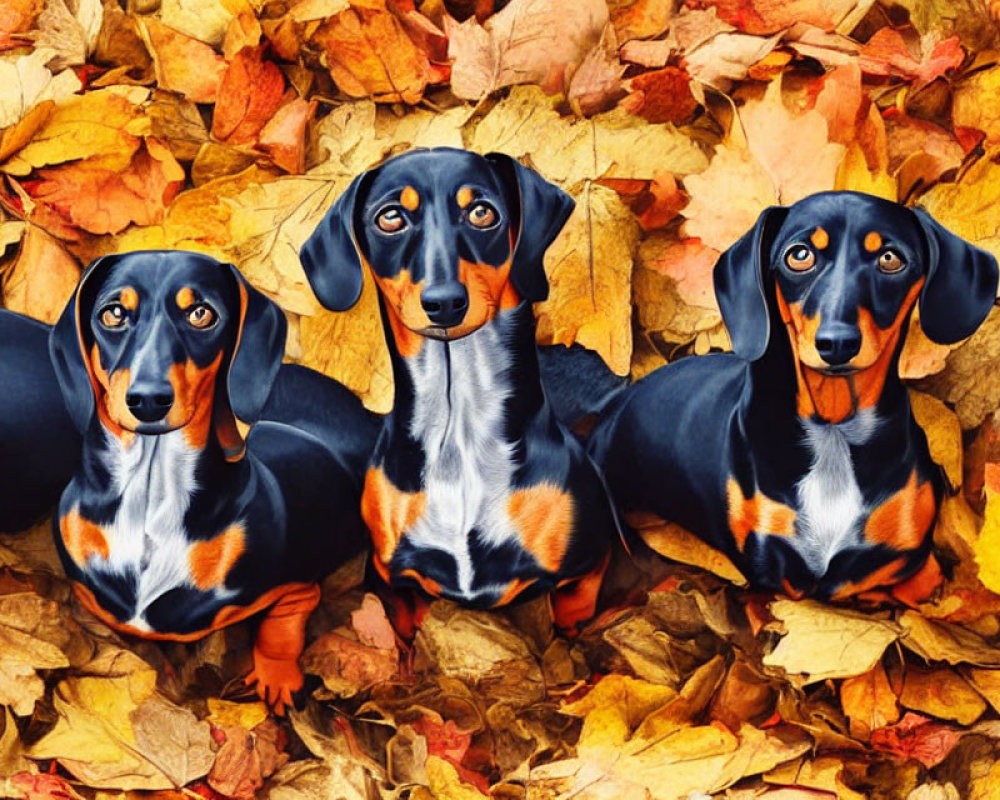 Three Dachshunds Among Colorful Autumn Leaves