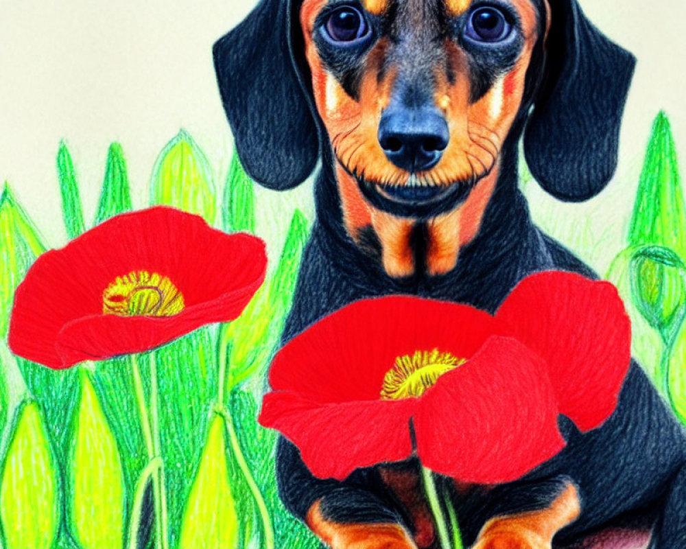 Colored pencil drawing of dachshund with expressive eyes holding red poppy flower